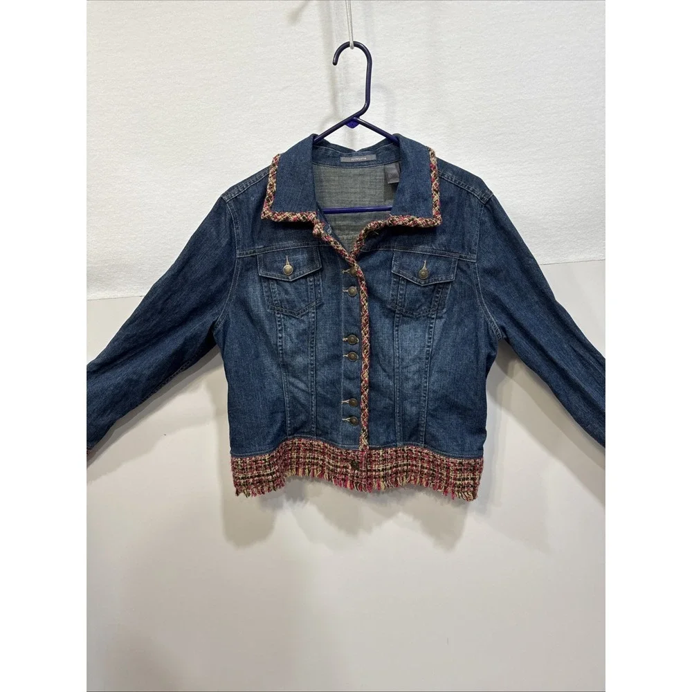 Liz Claiborne Jacket Womens XL Boho Jean Jacket Hippie Colorful Accents Fringe - Picture 2 of 16